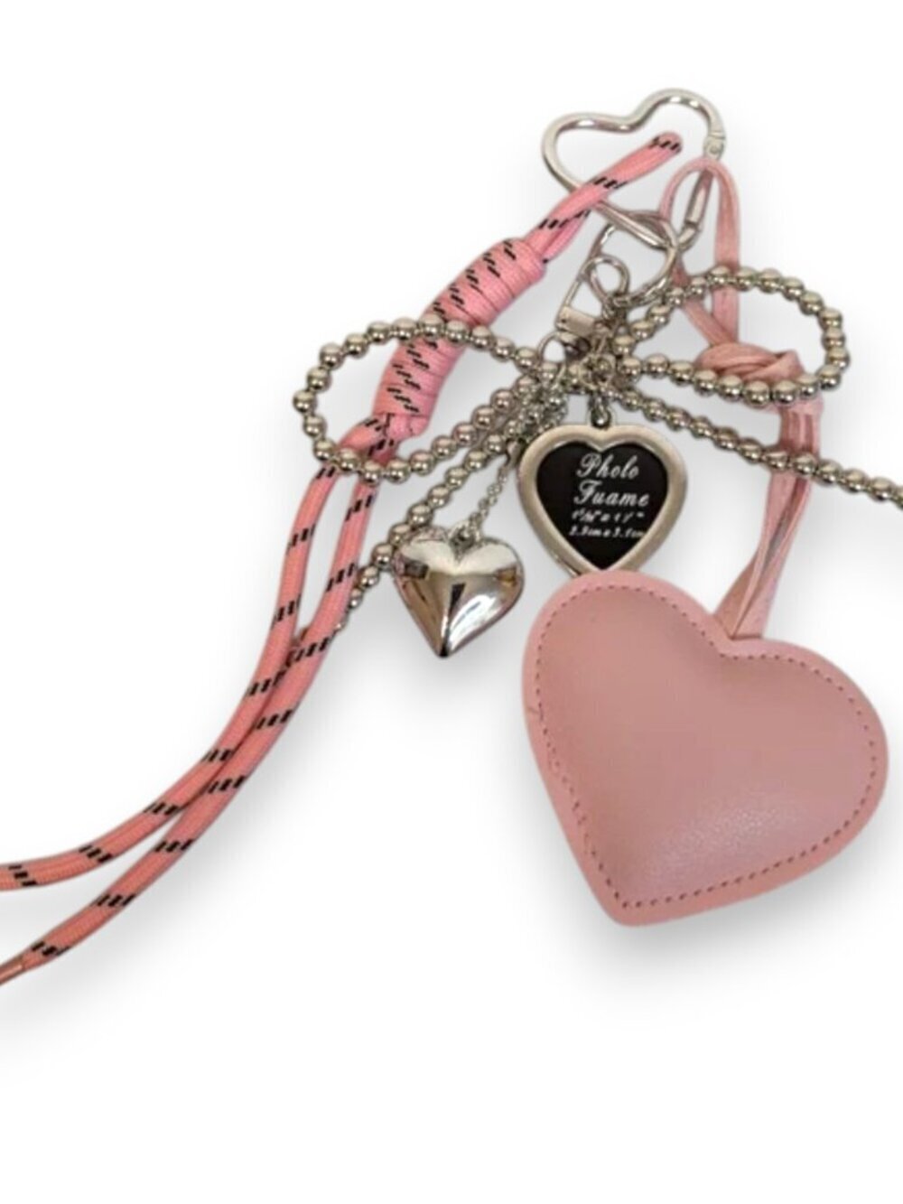 Pink And Silver Hearts And Bow Photo Frame Keychain Bag Charm Accessory